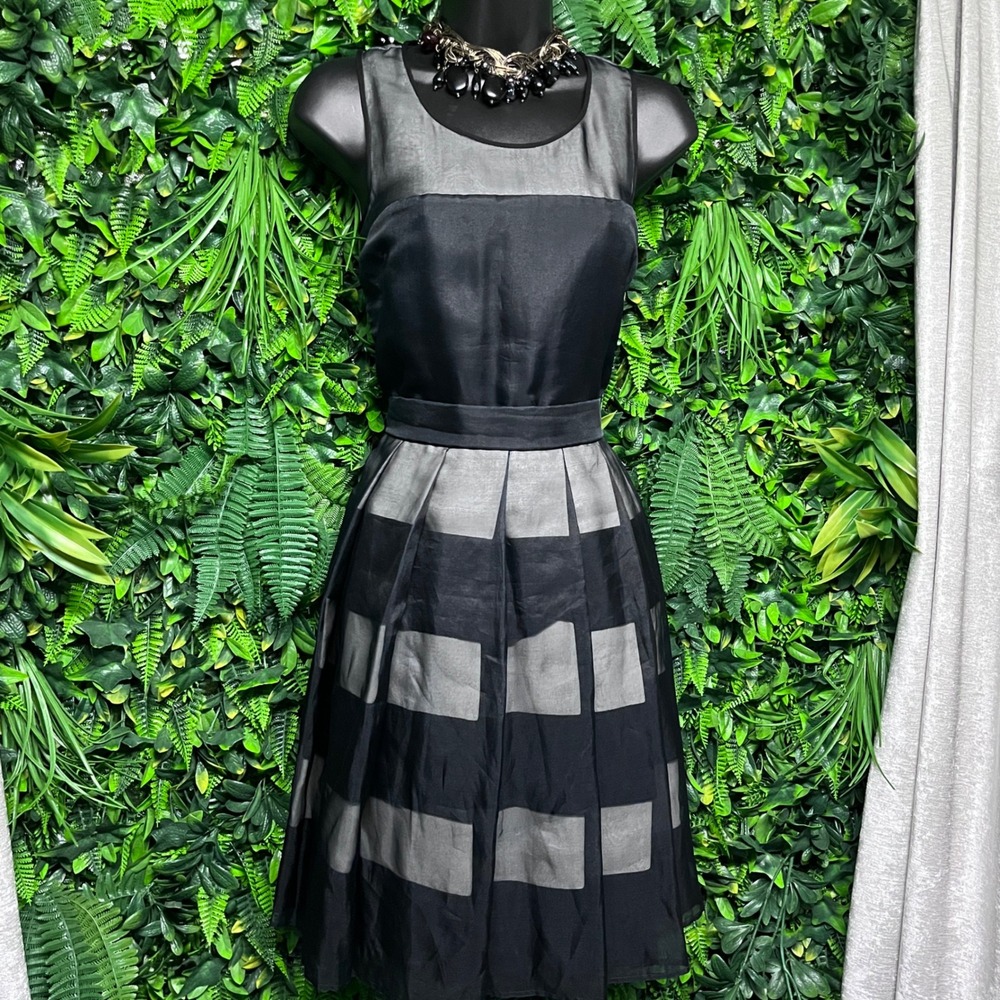 Halston Heritage Dress 6 Black Cream Silk Colorblock Fit Flare Cocktail 3936 - Picture 3 of 8